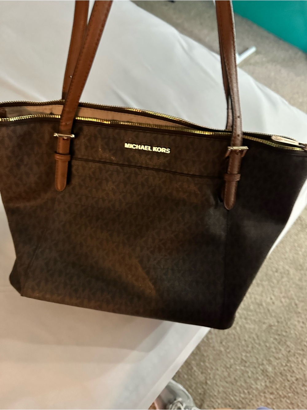 Michael Kors Brown Monogram Tote with Tan Straps